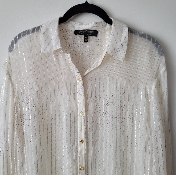 Juicy Couture Silk Button Down Shirt Sheer w Metallic Fiber Pinstripes XS - Picture 4 of 13